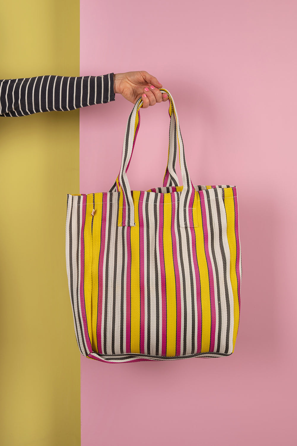 Pink & Yellow Striped Recycled Tote Bag