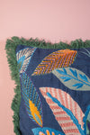 Denim Blue Leaves Embroidered Cushion Cover
