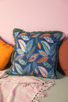 Denim Blue Leaves Embroidered Cushion Cover