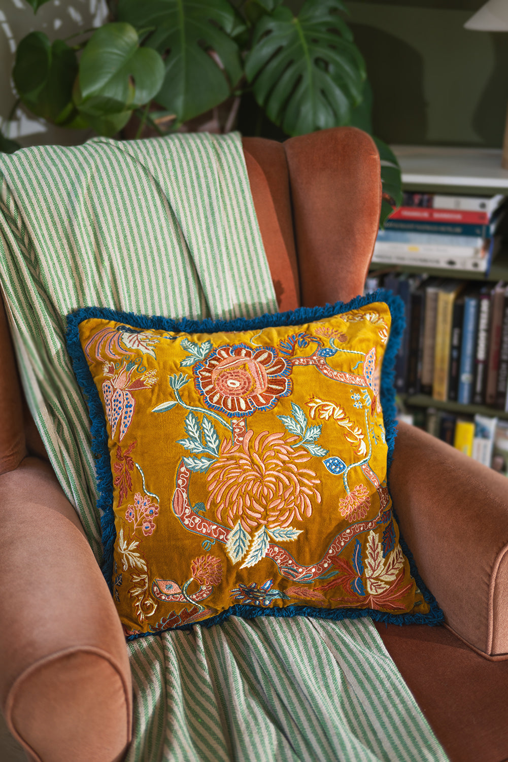 Gold Velvet Floral Embroidered Cushion Cover