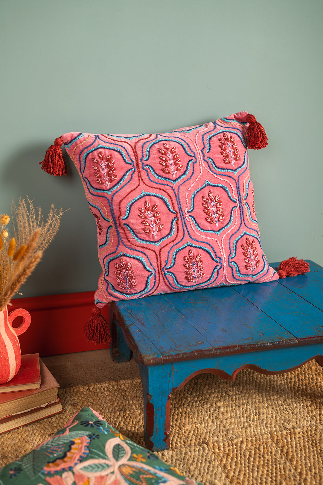 Pink Velvet Leaf Embroidered Cushion Cover