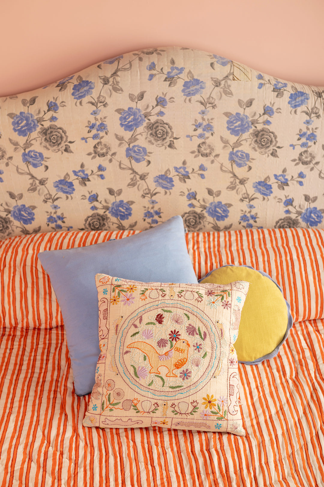 White Embroidered Bird Cushion Cover