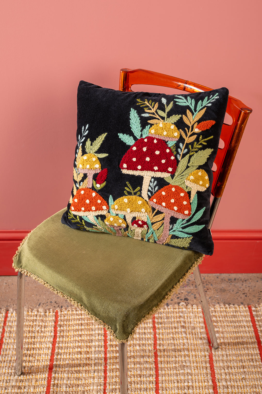 Black Embroidered Toadstools Cushion Cover