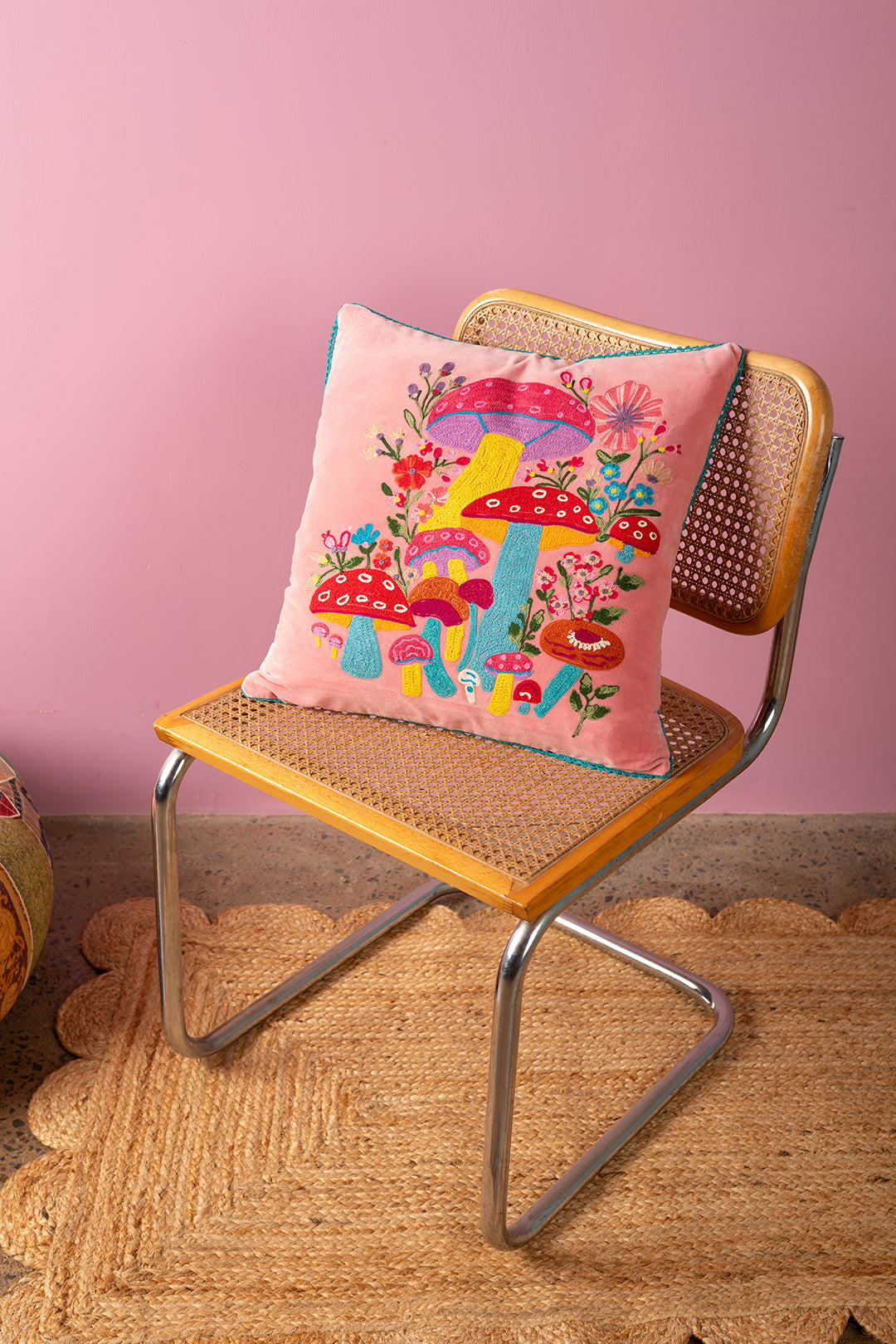 Pink Embroidered Toadstools Cushion Cover