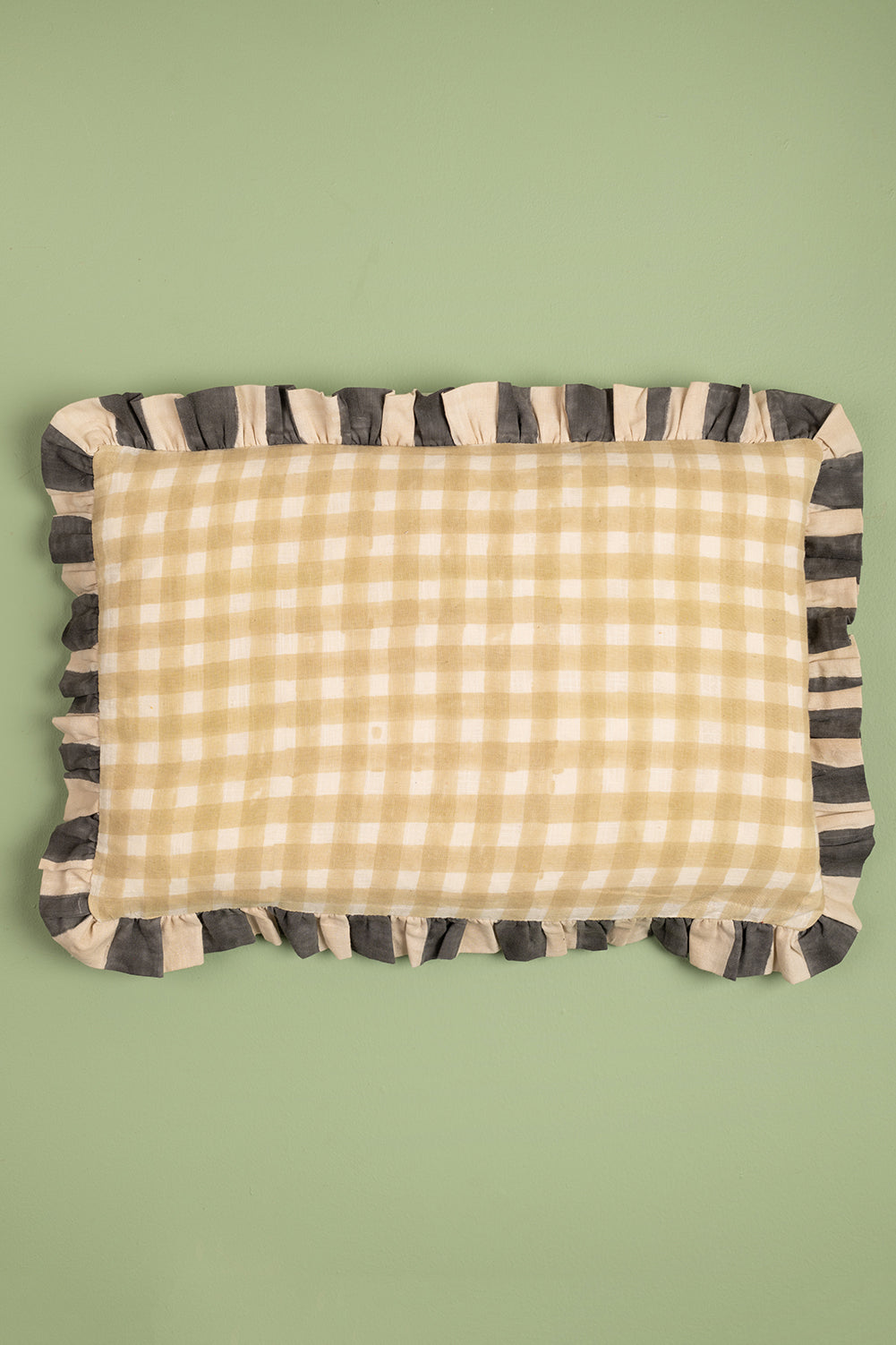 Cream Gingham Block Print Cotton Cushion Cover