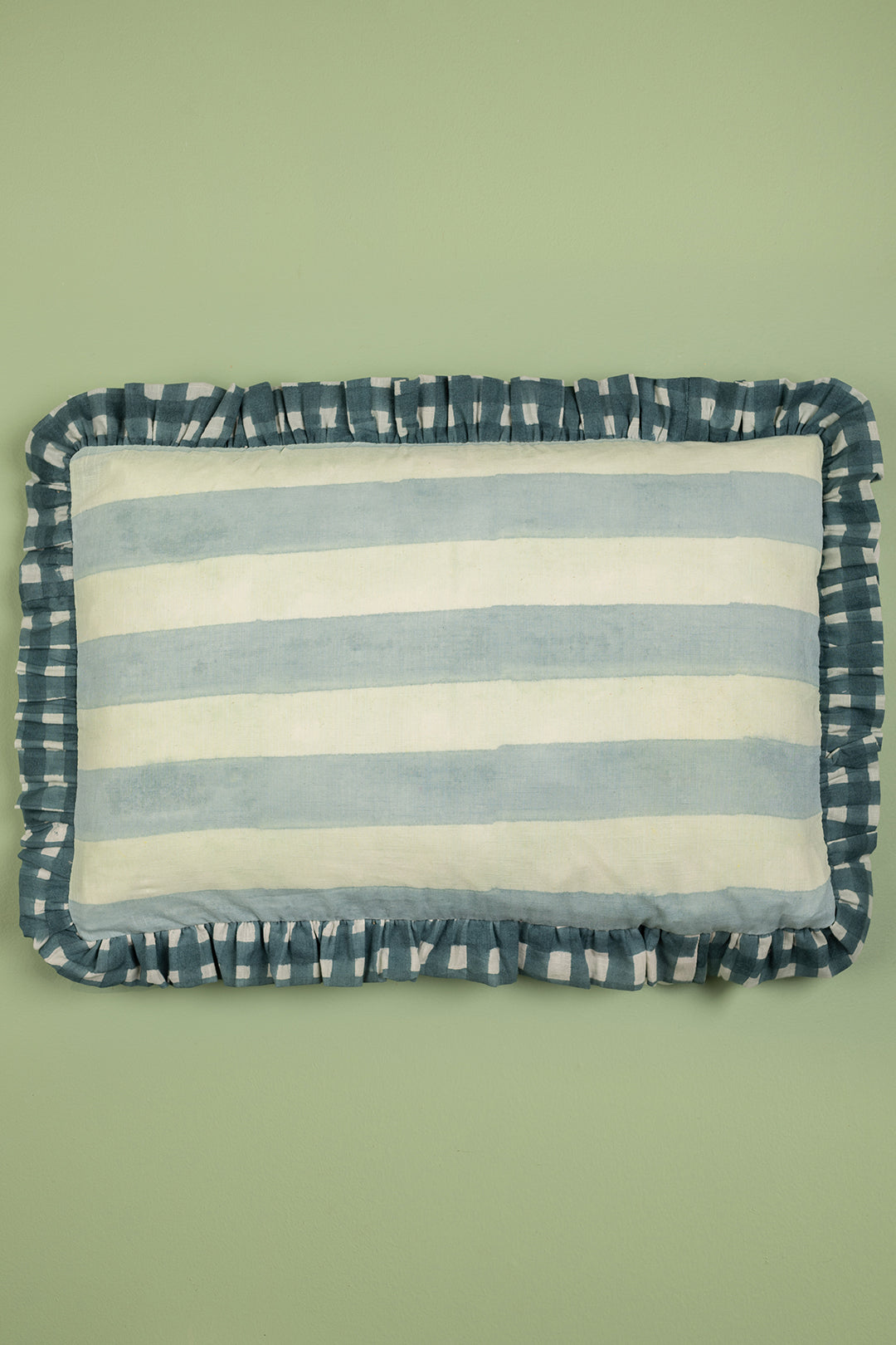 Pale Blue & Stone Block Print Cotton Cushion Cover
