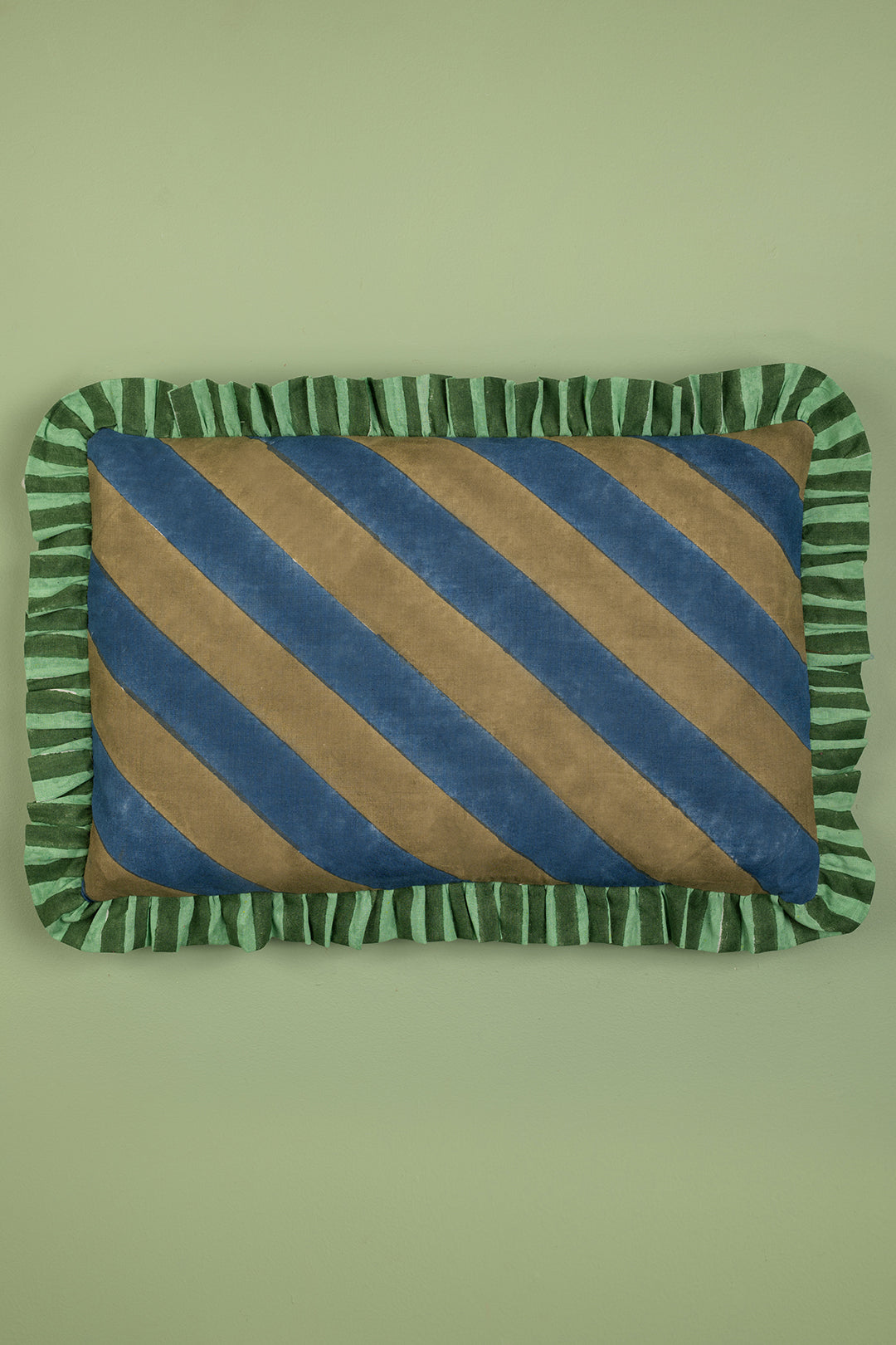 Blue & Olive Green Block Print Cotton Cushion Cover