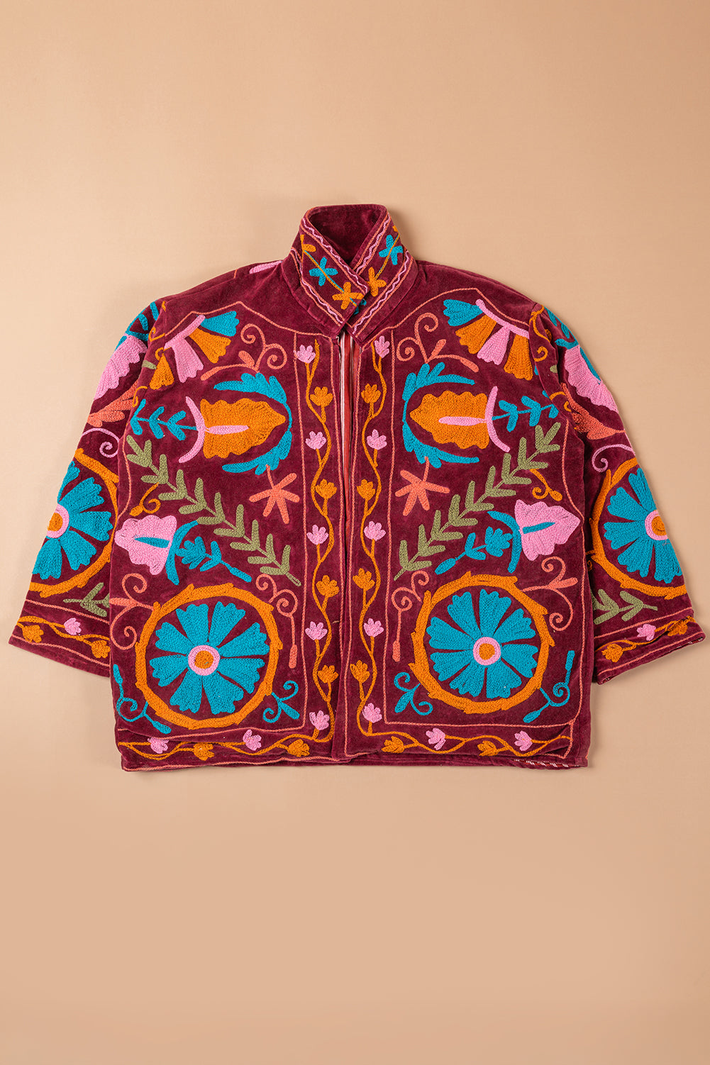 Red Suzani Embroidered Velvet Jacket - 01