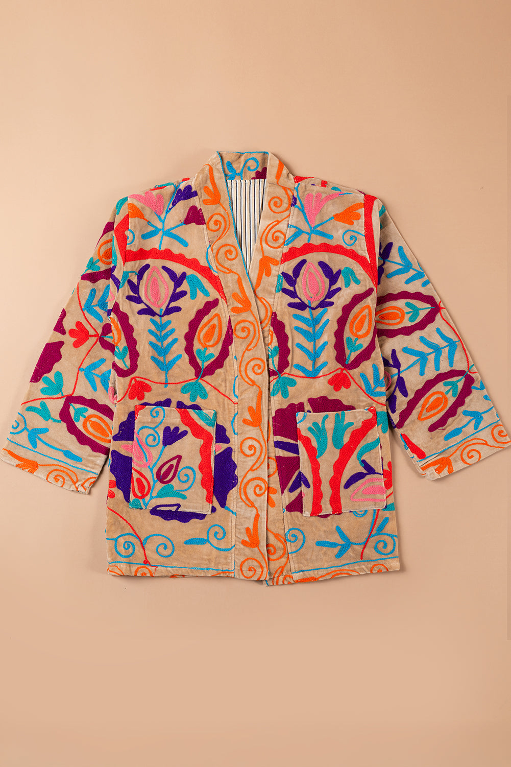 Cream Suzani Embroidered Velvet Jacket - 03