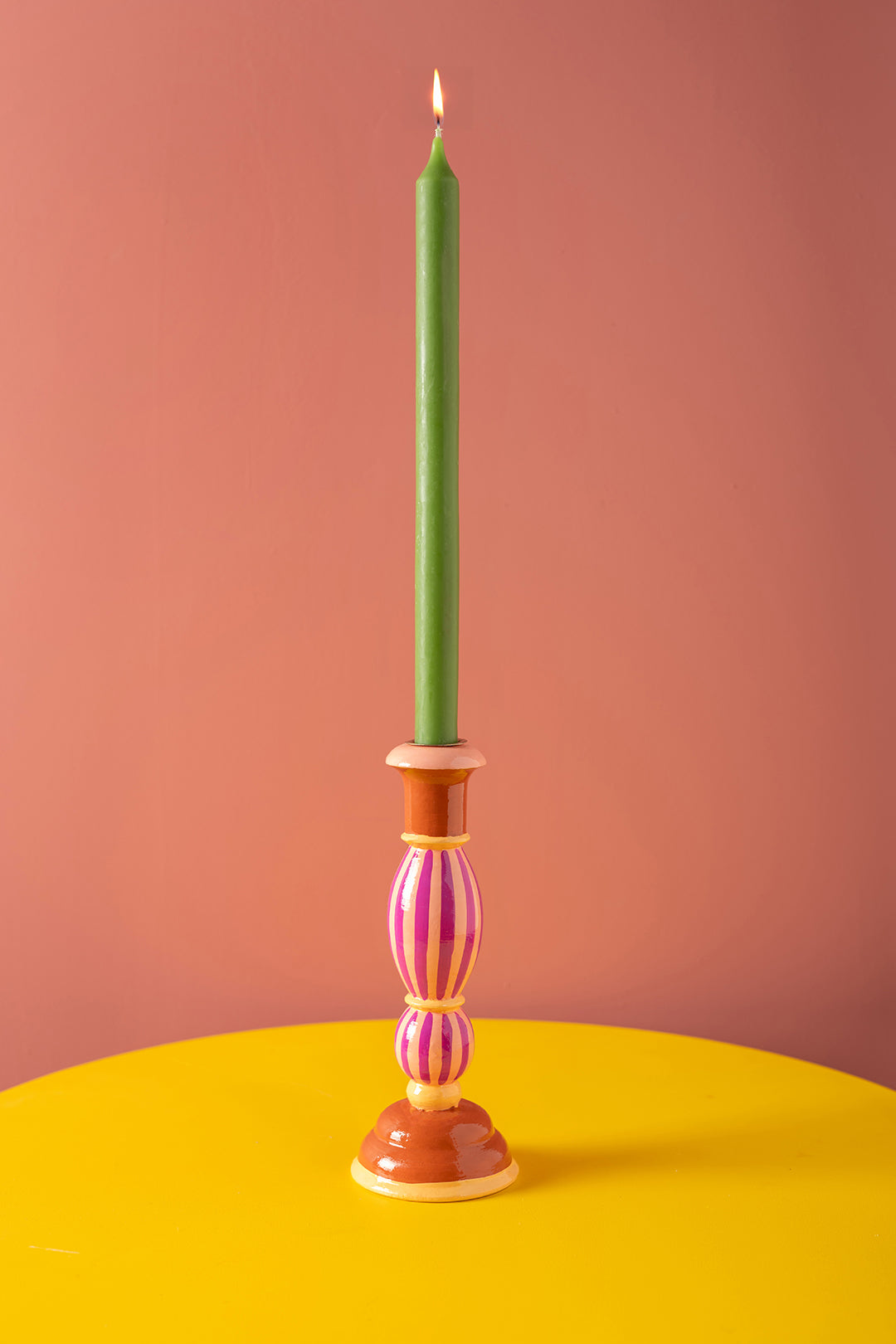 Pink Stripe Hand Painted Wooden Candle Holder