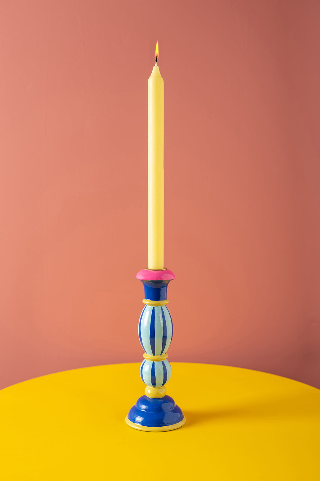 Blue Stripe Hand Painted Wooden Candle Holder