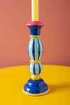 Blue Stripe Hand Painted Wooden Candle Holder