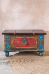 Red and Blue Reclaimed Wooden Chest with Brass Trim