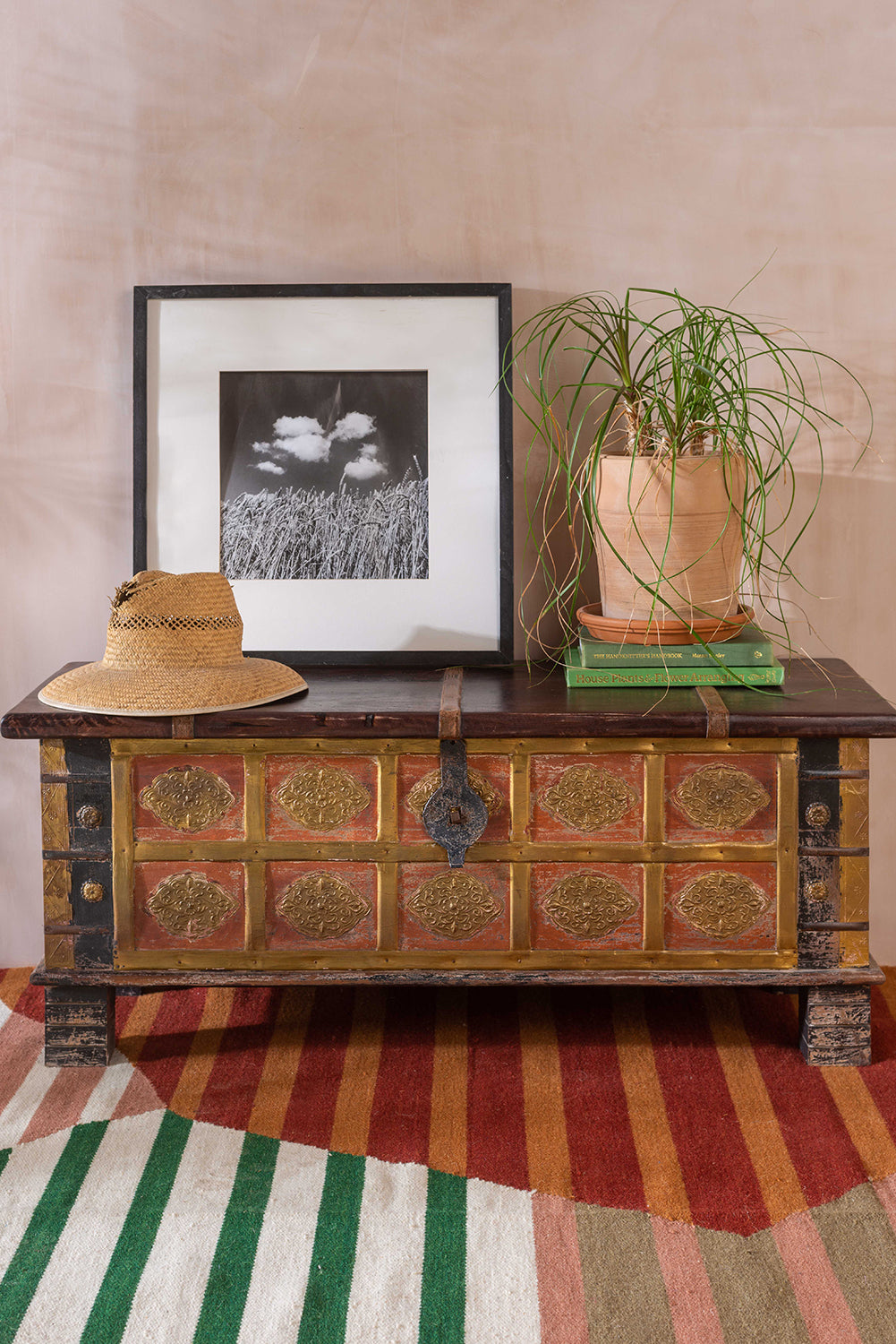 Cream Reclaimed Wooden Chest with Brass Trim