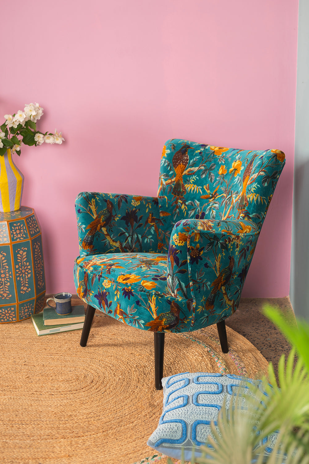 Blue Bird of Paradise Velvet Chair