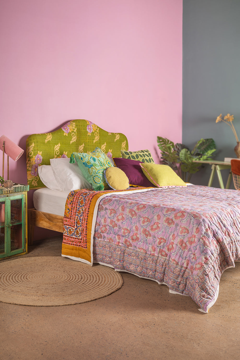 Bright Green Kantha Covered King Size Headboard