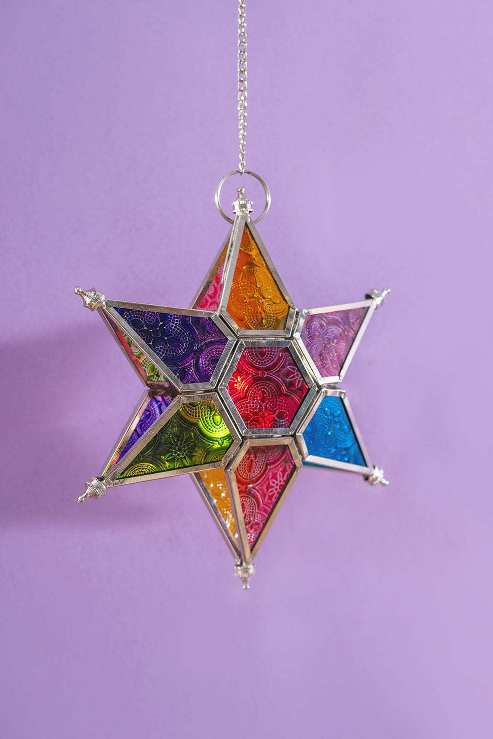 Multi Coloured Iron & Glass Hanging Star Lantern