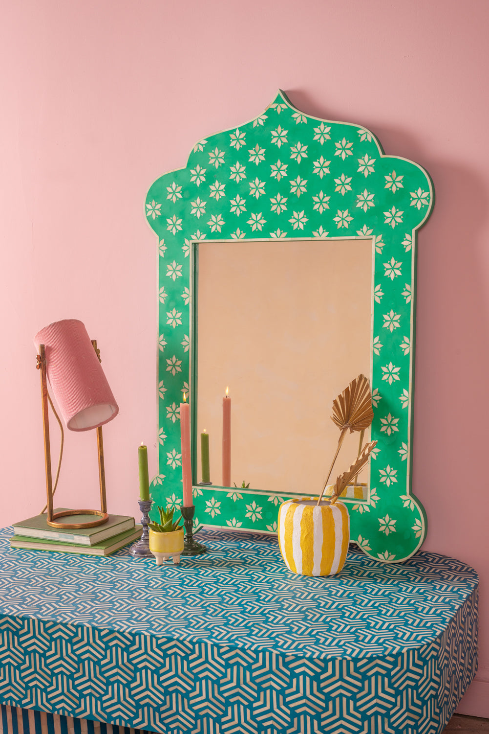Green Temple Wall Mirror with Bone Inlay
