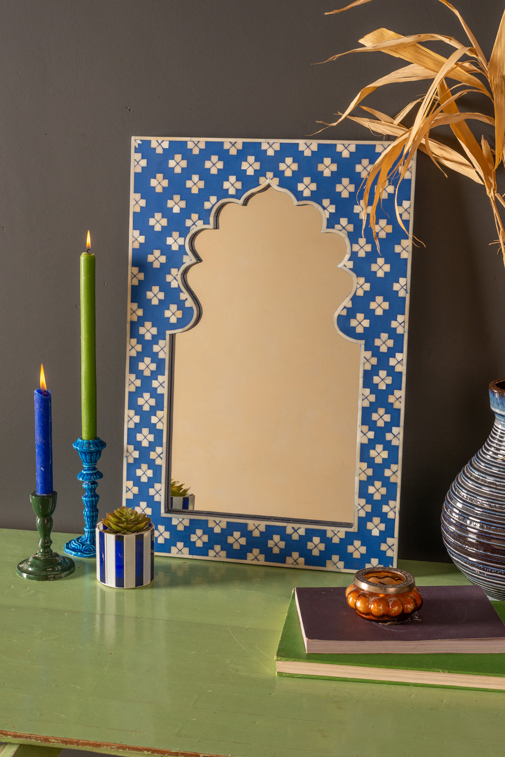 Blue Window Wall Mirror with Bone Inlay