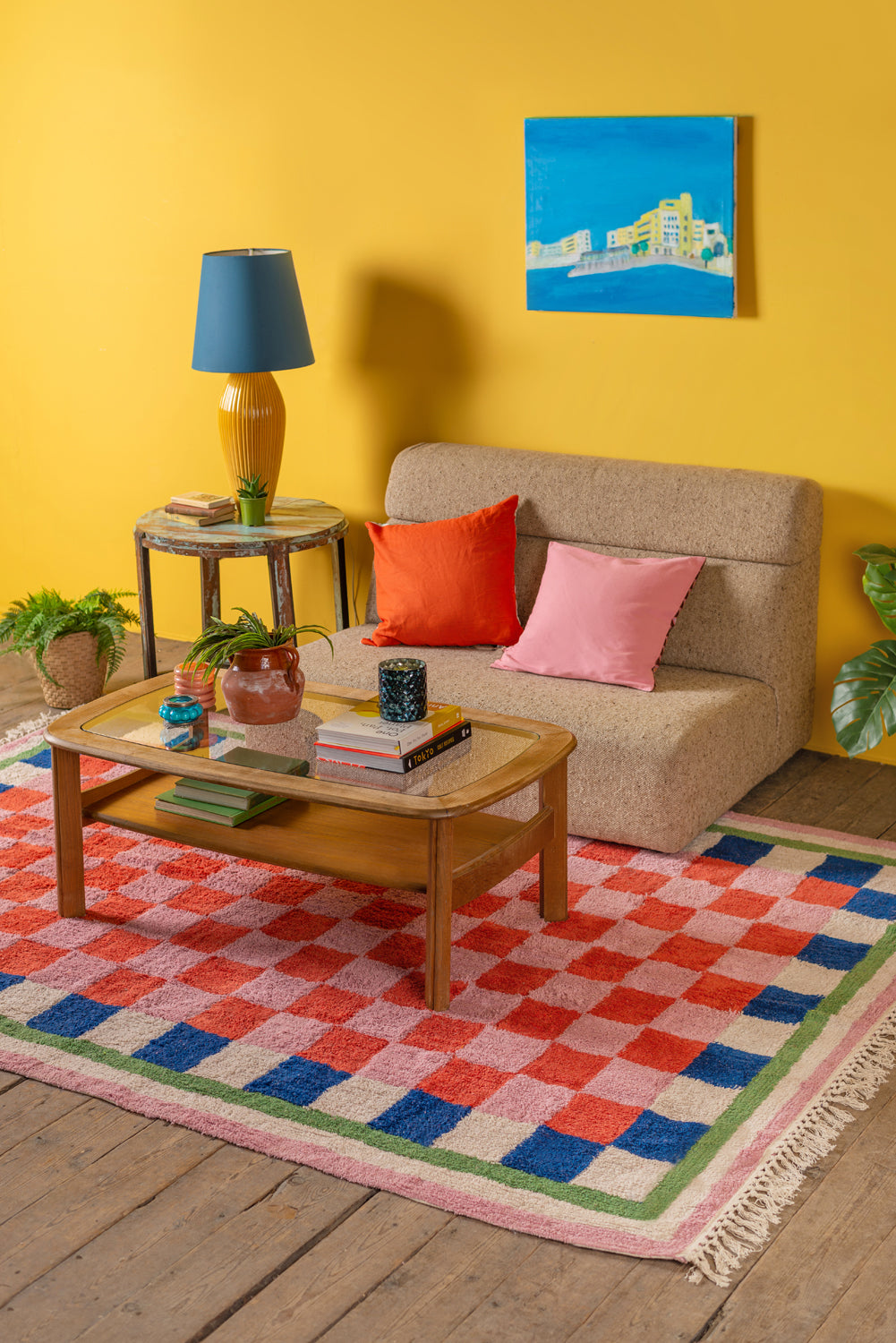 Lizzie Pink & Red Chequered Recycled Cotton Extra Large Rug