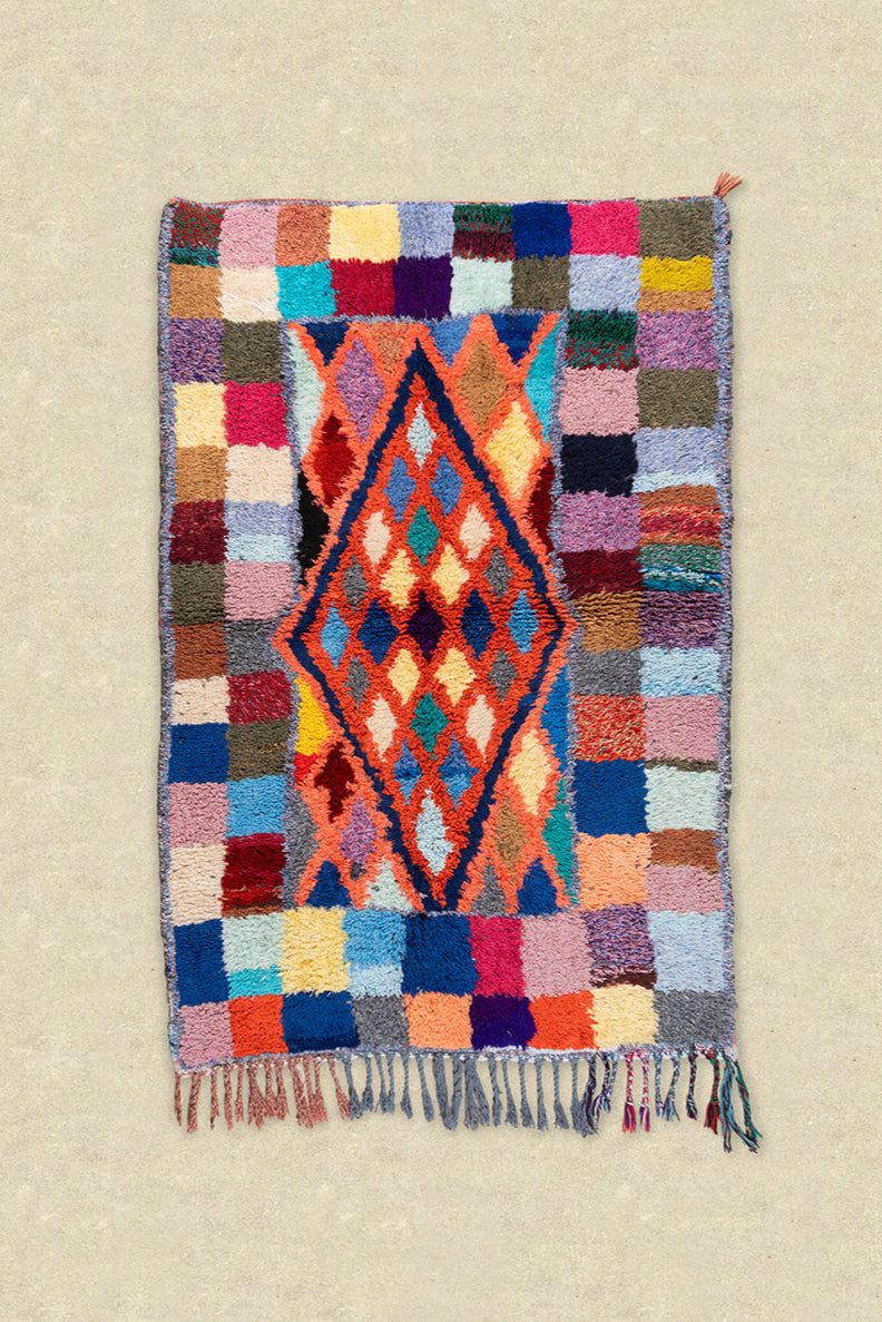 Vintage Moroccan Boucherouite Tufted Check & Triangle Rug 110x165cm - (08)