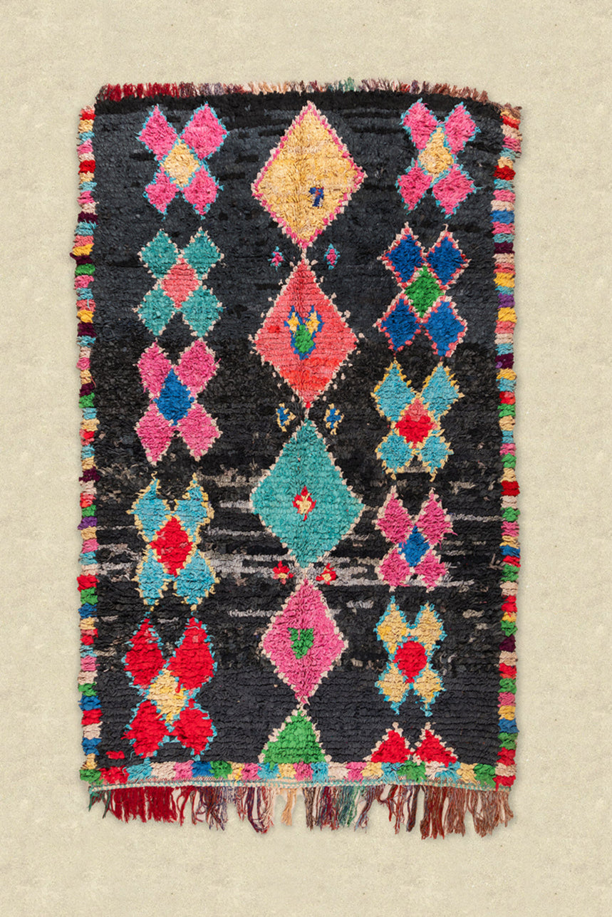 Vintage Moroccan Black Boucherouite Rug 150x240cm- (11)