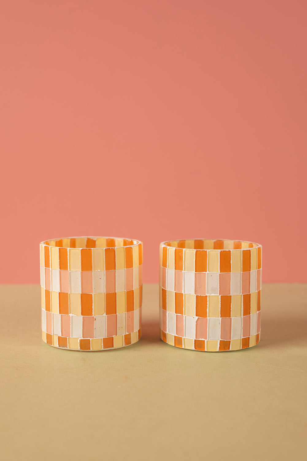 Ex Sample/Seconds Set of Two Orange & White Mosaic Glass Votives