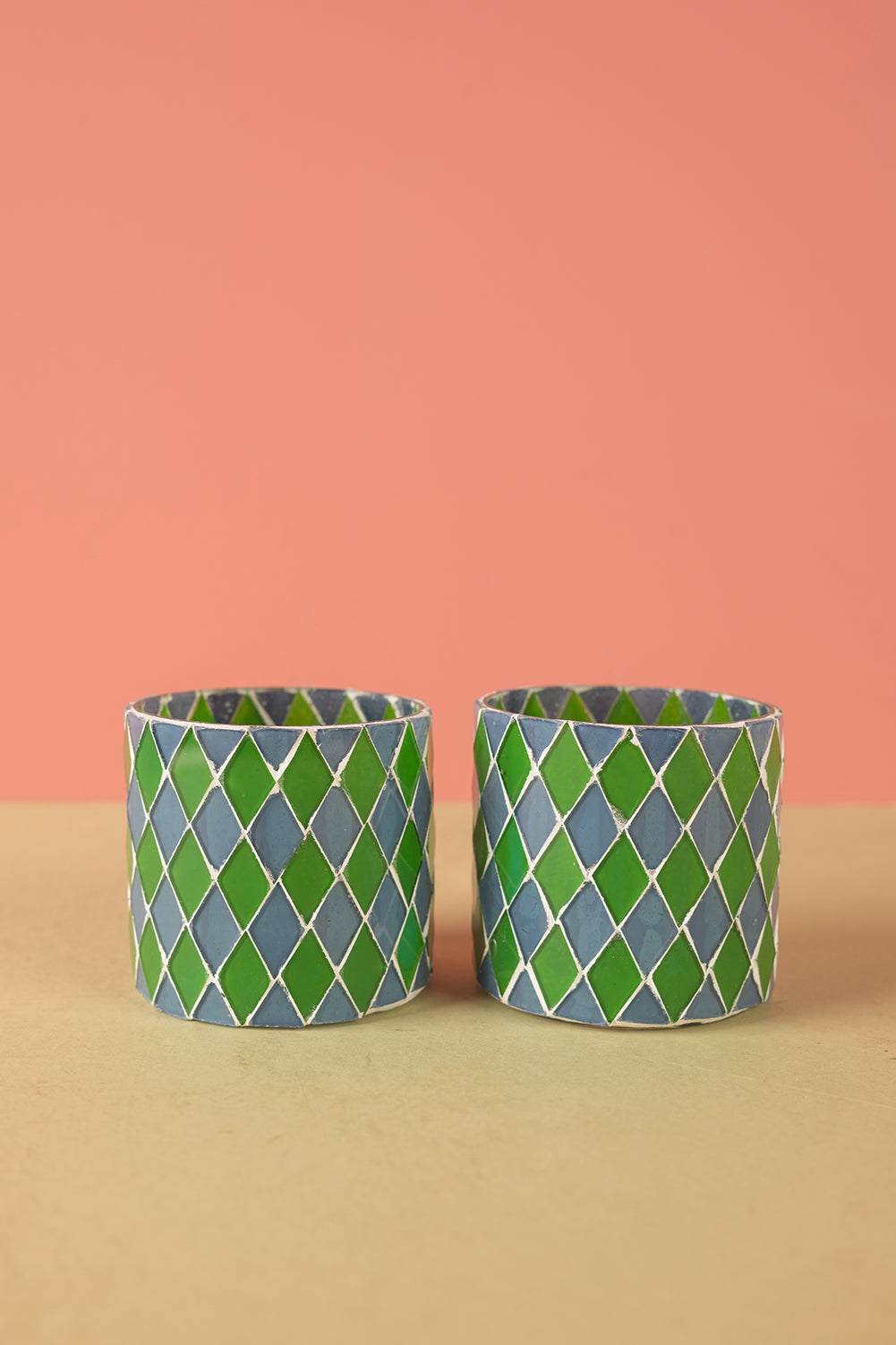 Ex Sample/Seconds Set of Two Blue & Green Mosaic Glass Votives