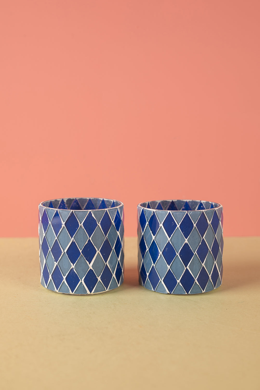 Ex Sample/Seconds Set of Two Blue Tones Mosaic Glass Votives