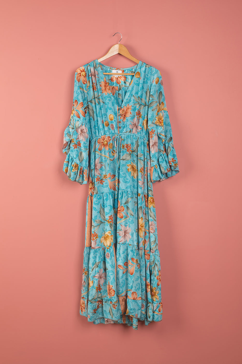 Ex Sample/Seconds Light Blue Floral Long Sleeve Recycled Silk Dress - Medium