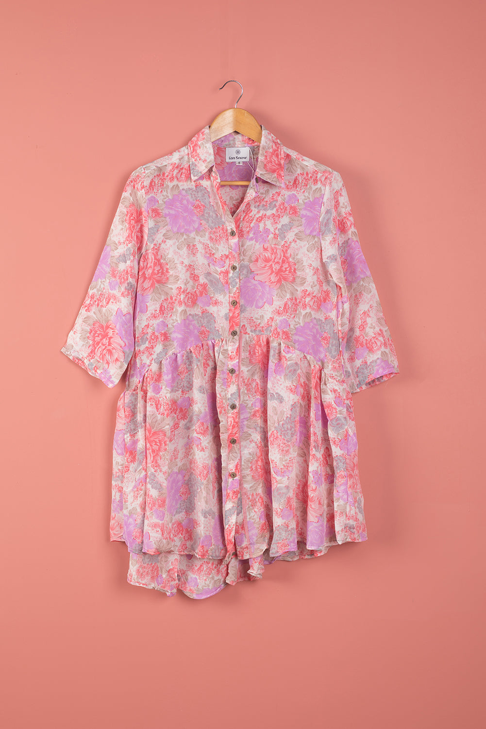 Ex Sample/Seconds Pink & White Long Sleeve Recycled Silk Shirt Dress - Small