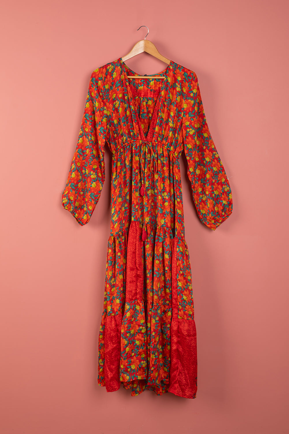 Ex Sample/Seconds Red Floral Long Sleeve Silk Dress - Extra Large