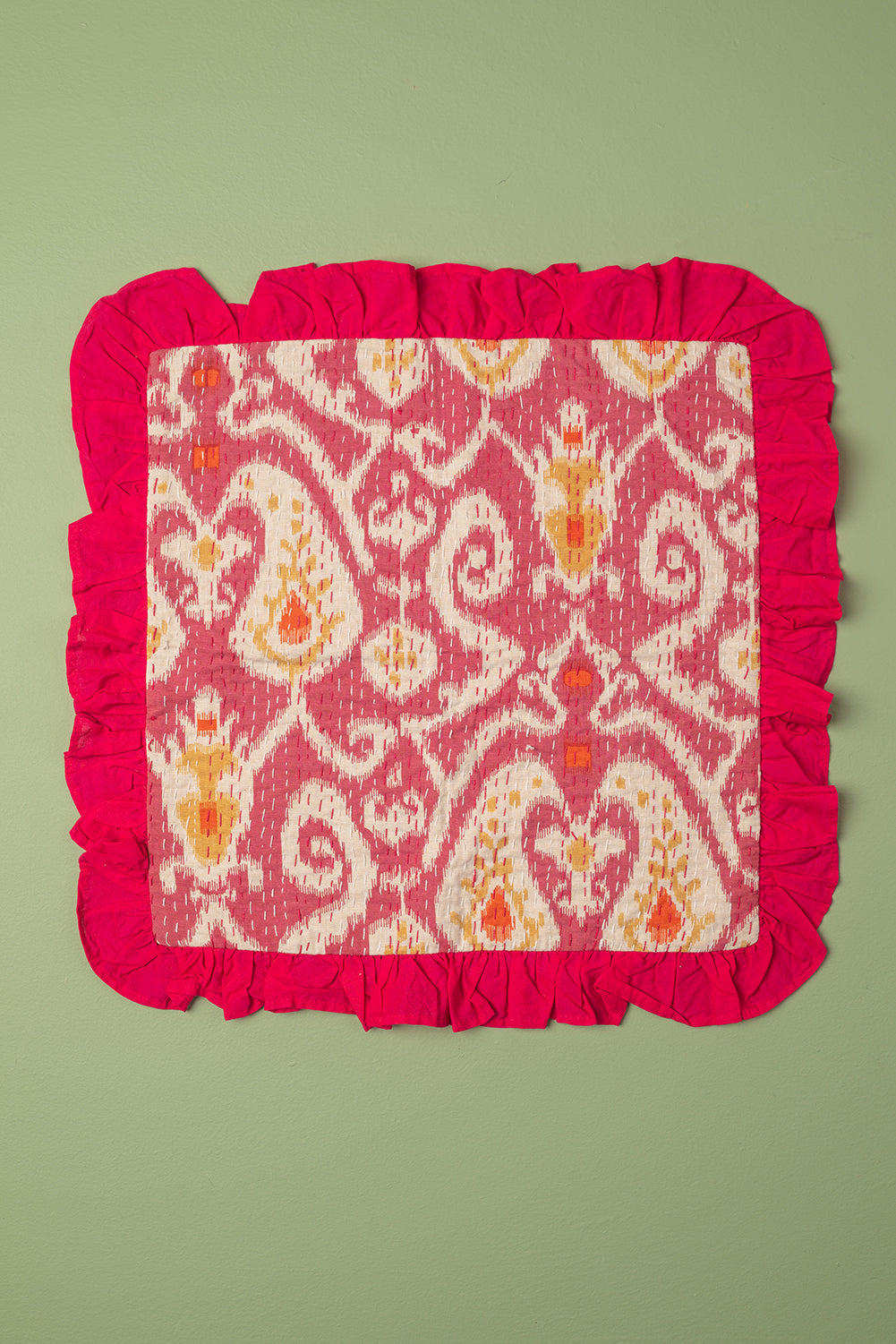 Ex Sample/Seconds Fuchsia Ikat & Bright Pink Frills Kantha Cushion Cover
