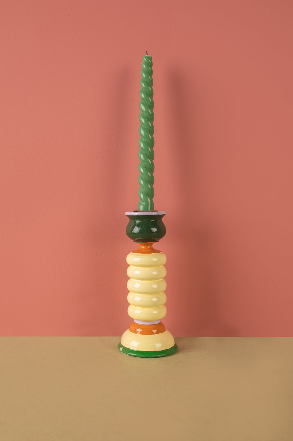 Ex Sample/Seconds Cream & Green Hand Painted Wooden Candle Holder