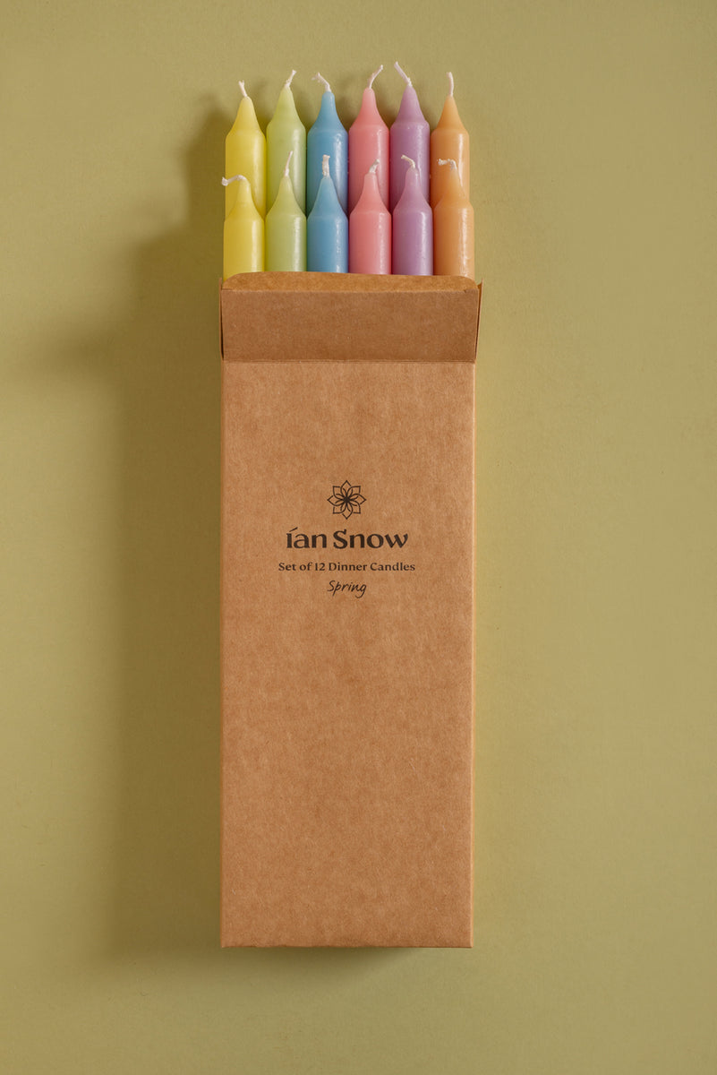 Spring Set of Twelve Coloured Dinner Candles Ian Snow Ltd