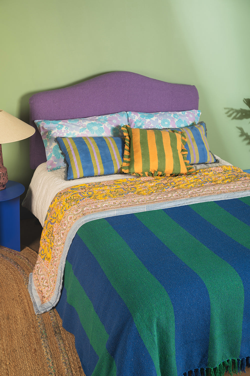 Blue & Green Recycled Cotton Wide Stripe Throw