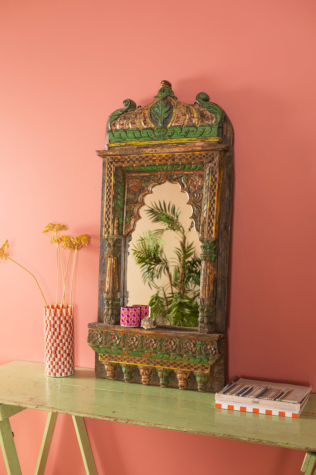 Green & Yellow Ornate Vintage Carved Wall Mirror <p>W:58cm D:10cm H:125cm </p>