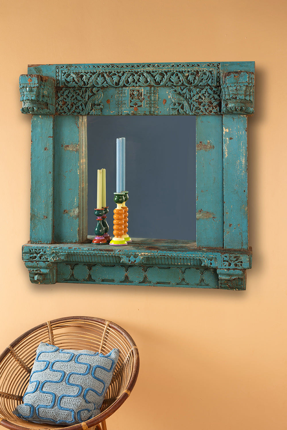 Carved Vintage Blue Wall Mirror <p>W:111cm D:25cm H:110cm </p>