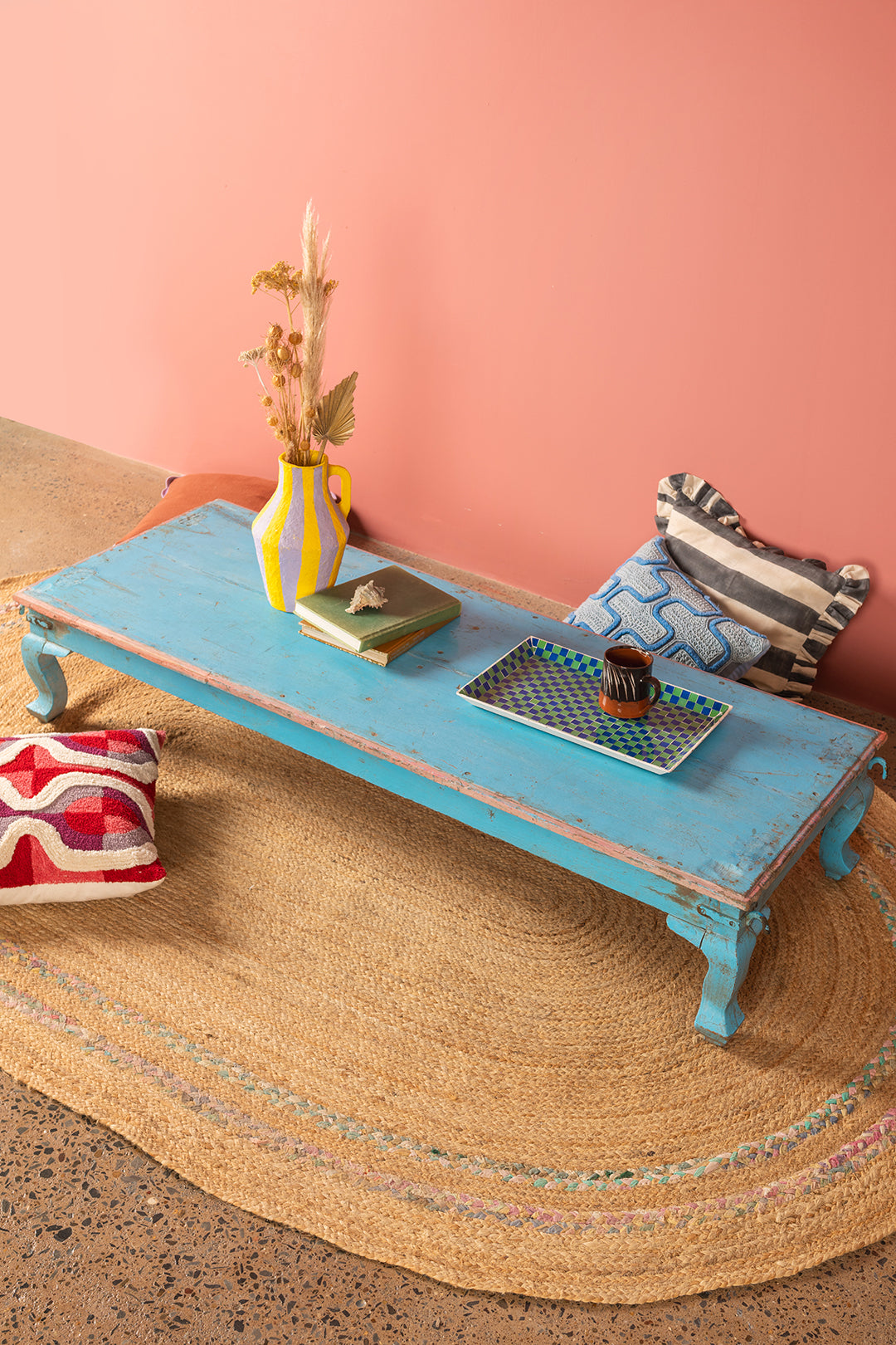 Blue & Pink Vintage Coffee Table <p>W:152cm D:59cm H:29cm </p>