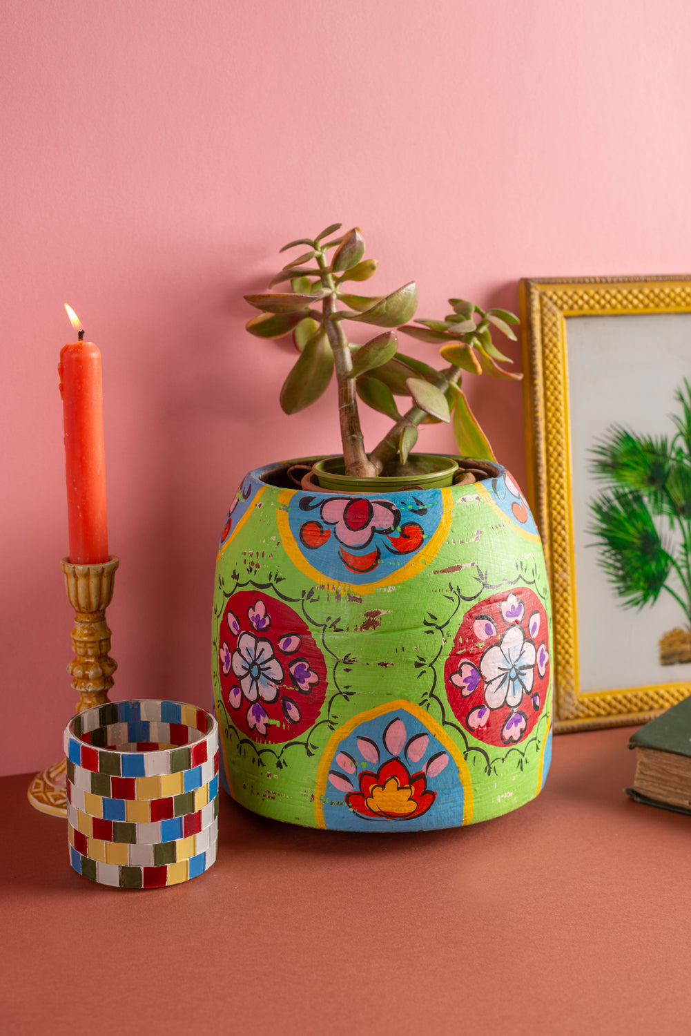 Vintage Hand Painted Medium Wooden Pot (Re-worked) - 08