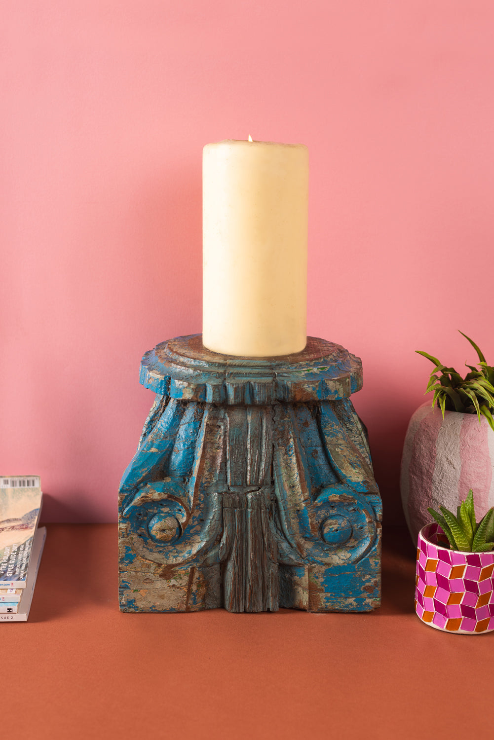 Vintage Carved Pillar Base Candle Holder - 01