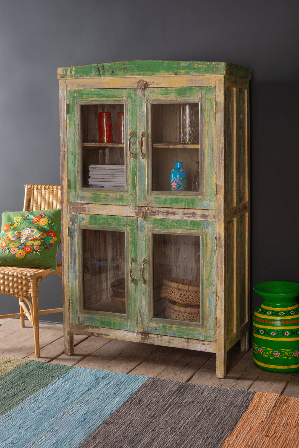 Green Vintage Glazed Cabinet <p>W:94cm D:49cm H:160cm </p>