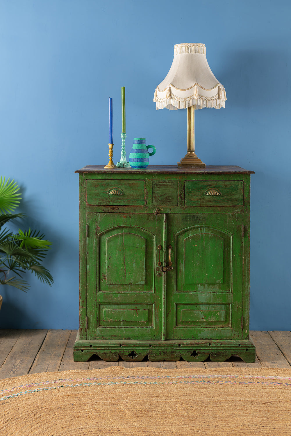 Green Vintage Wooden Cupboard <p>W:96cm D:53cm H:105cm </p>