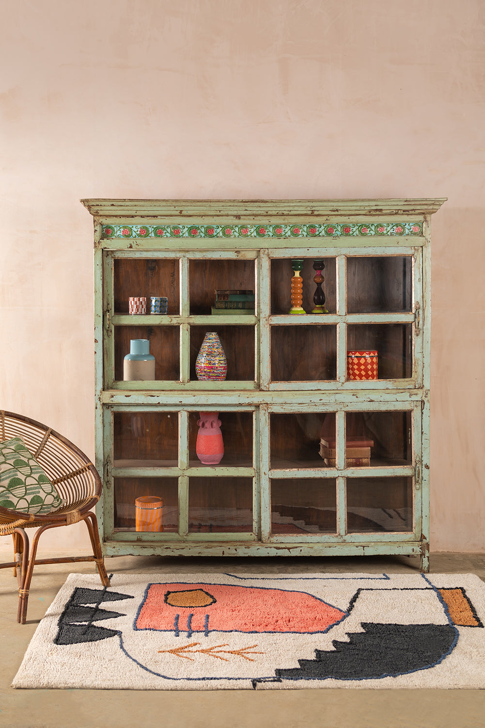 Pale Green Vintage Display Cabinet with Tiles <p>W:162cm D:35cm H:167cm </p>