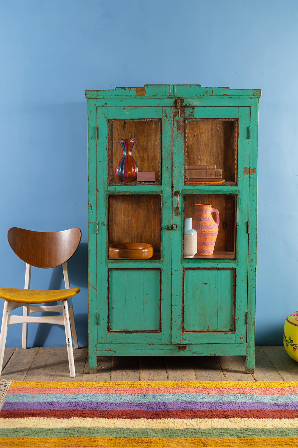 Turquoise Vintage Display Cabinet <p>W:94cm D:47cm H:157cm </p>
