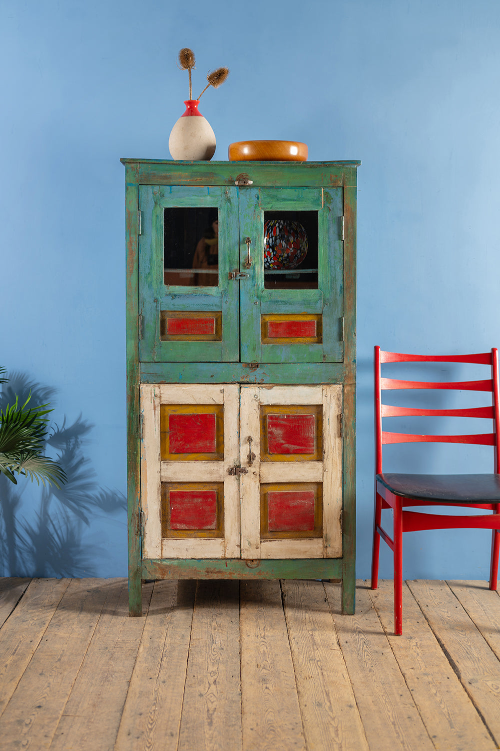 Blue, Red & White Vintage Cupboard <p>W:79cm D:38cm H:151cm </p>