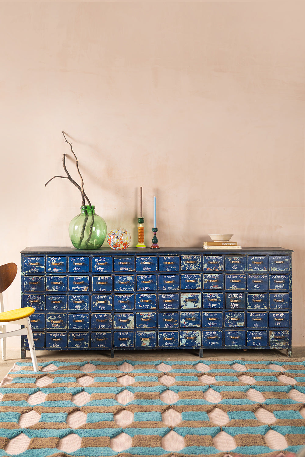 Dark Blue Vintage Drawer Unit <p>W:217cm D:36cm H:86cm </p>