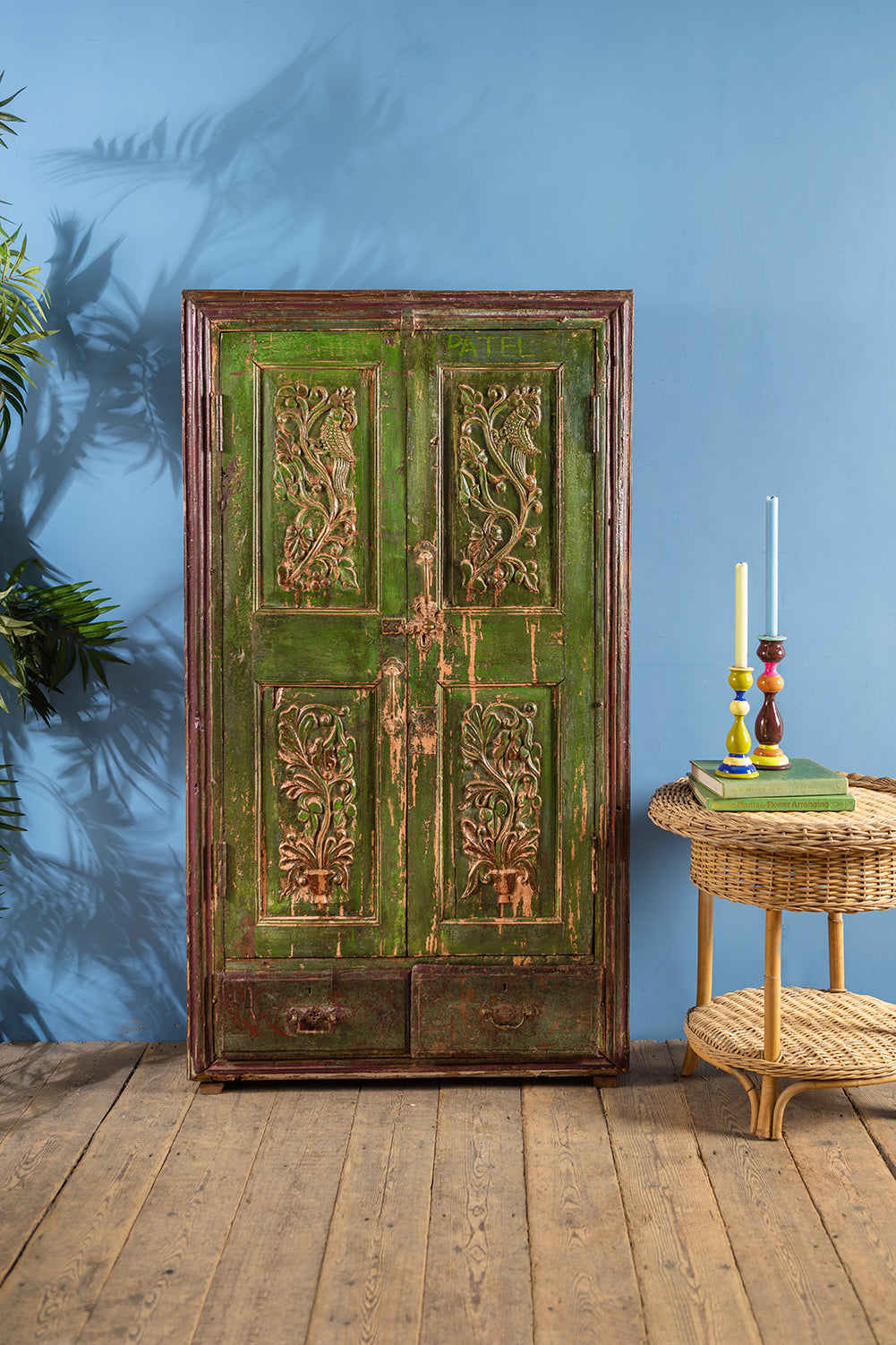 Vintage Green Carved Almirah <p>W:84cm D:34cm H:153cm </p>