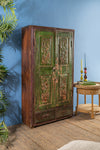 Vintage Green Carved Almirah <p>W:84cm D:34cm H:153cm </p>