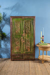 Vintage Green Carved Almirah <p>W:84cm D:34cm H:153cm </p>